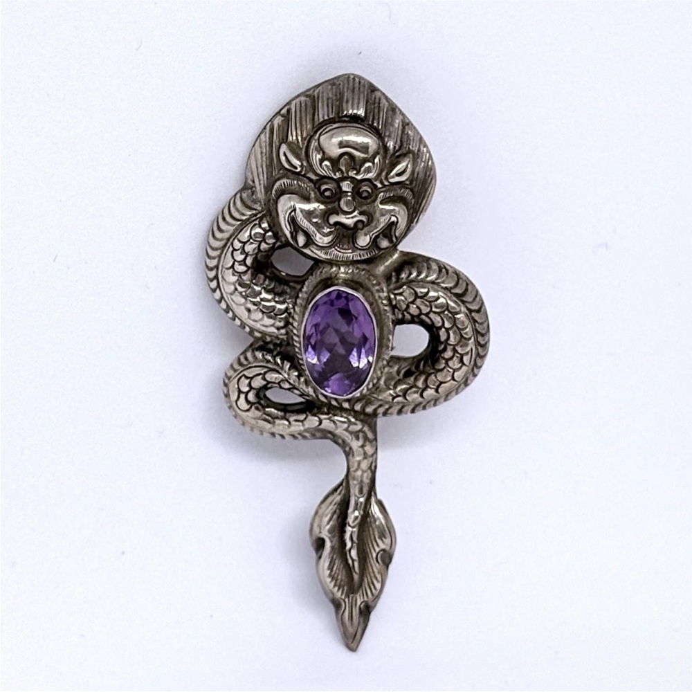 Vintage Sterling Dragon Amethyst Pin Brooch Chinese Artisan Signed/Marked